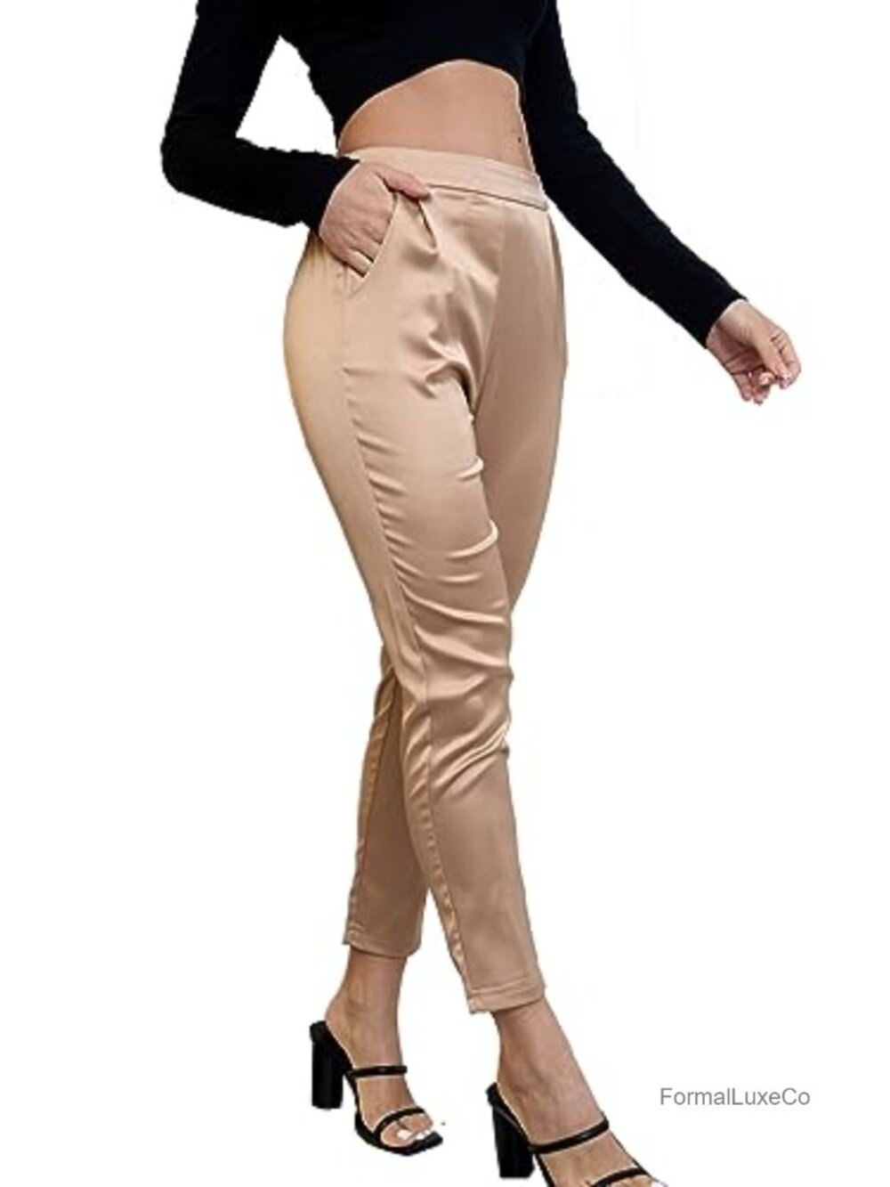 Silky Satin Elastic Waist Cropped Pants Party Club Dressy Trousers